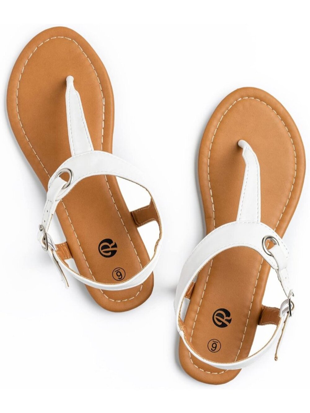 Women's White Leather Adjustable Ankle Buckle with T-Strap Flats Thong Sandals